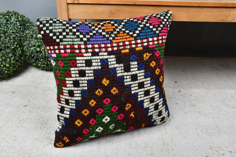 Kilim Pillow Cover, 18x18 Green Pillow, Pillow for Couch, Anatolian Cushion Cover, Cushion Case, Turkish Pillow, Outdoor Cushion Case - 7