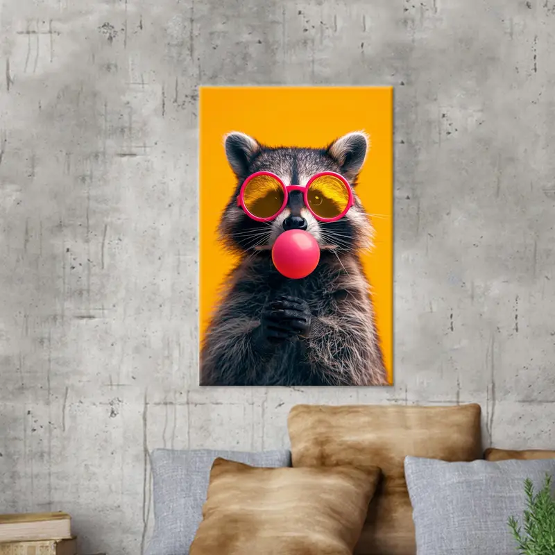 Lienzo abstracto moderno: mapache con chicle, arte divertido para la habitación de los niños