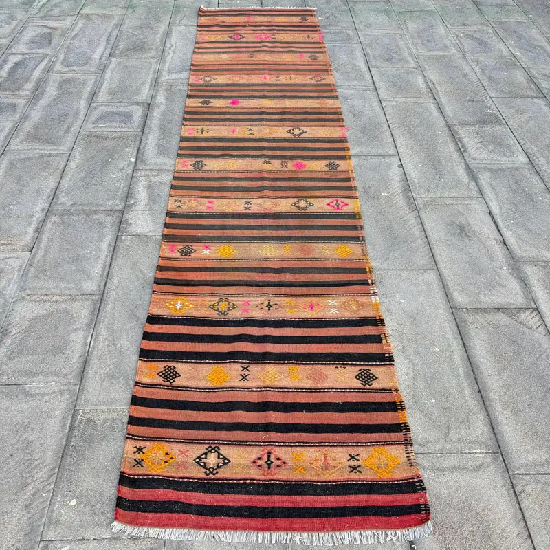 Turuncu ve Siyah Kareli Halı, 2,6x11,4 ft Şık Dekor