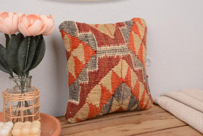 Rot & Orange besticktes Wurfkissen, 12x12 handgemachtes Kissen