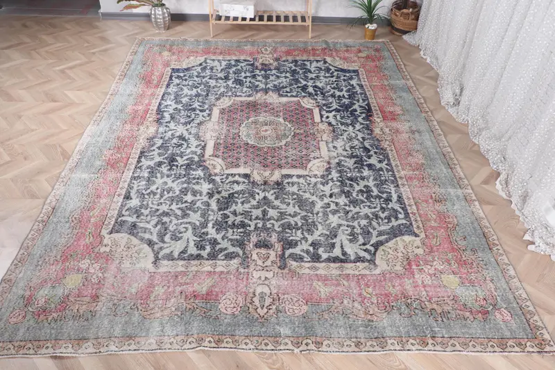 Handmade Blue Ikat Rug, 7,1x11,3 ft Elegant Decor