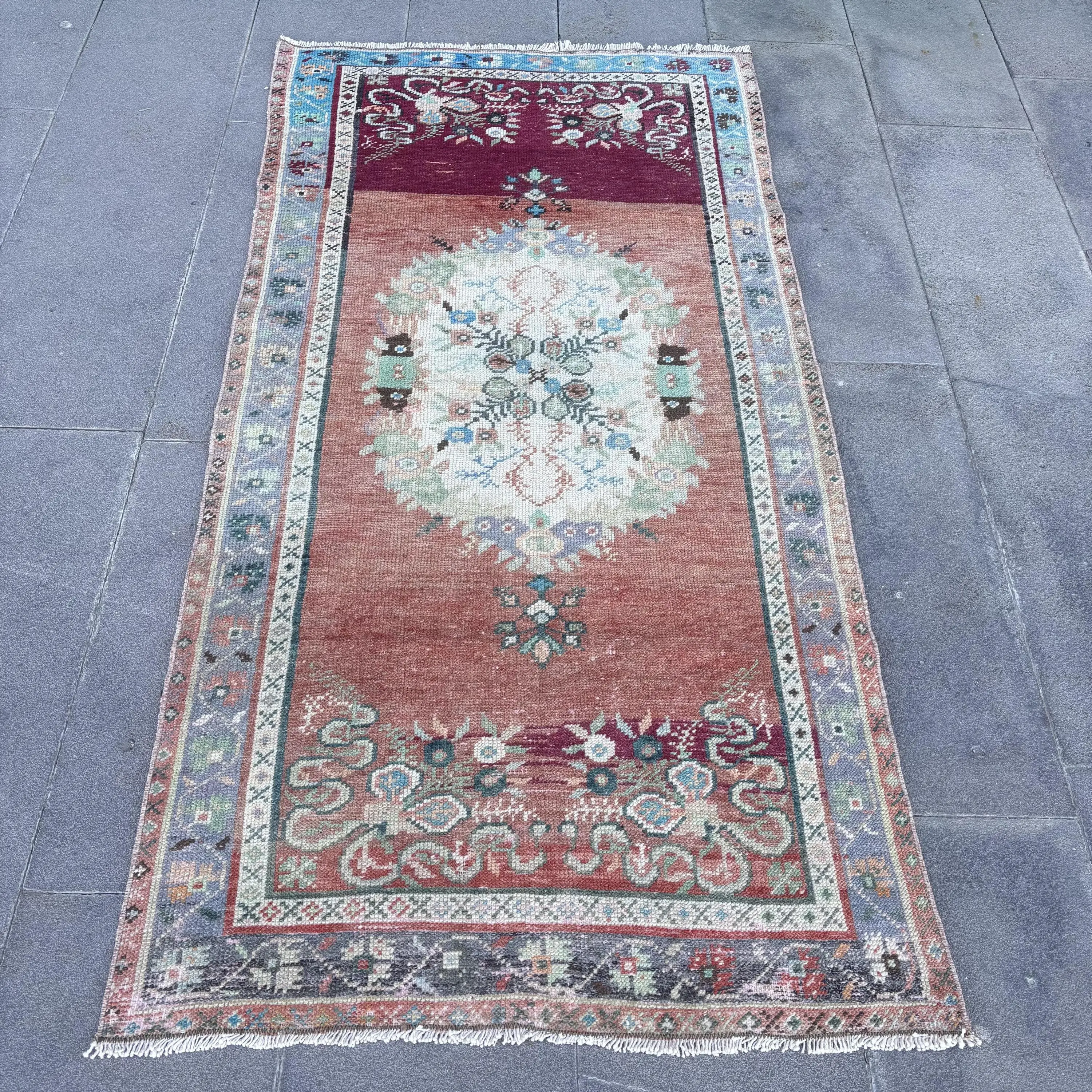 2.9x5.9 ft Halı, Vintage Türk Halısı, Kırmızı Mavi Soyut Yün Halı - 1