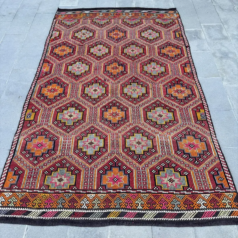 Kırmızı ve Turuncu Halı, 6,3x10,5 ft Geometrik Çiçek Desenli