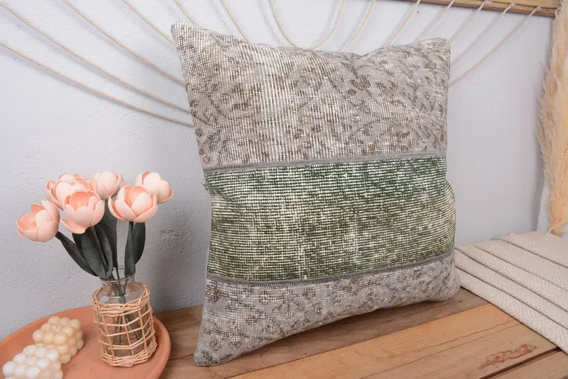 Gray & Green Patchwork Throw Pillow, 24x24 Embroidered Cushion