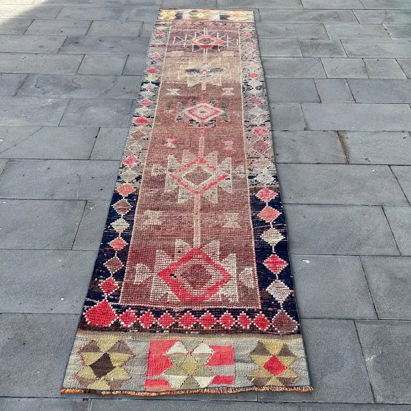 Alfombra turca vintage Herki Runner 2,8x10,7 pies, plantas y árboles rojos alfombra de lana - 1