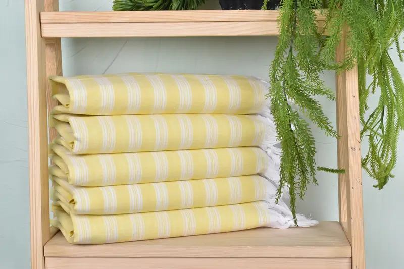 Handwoven Yellow Striped Cotton Linen Towel, 40x71 Inches