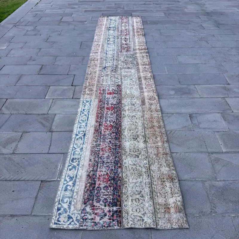 Turkish Vintage Rug, 3.3x16.1 ft Runner Rug, Blue Oushak Camouflage Rug - 1