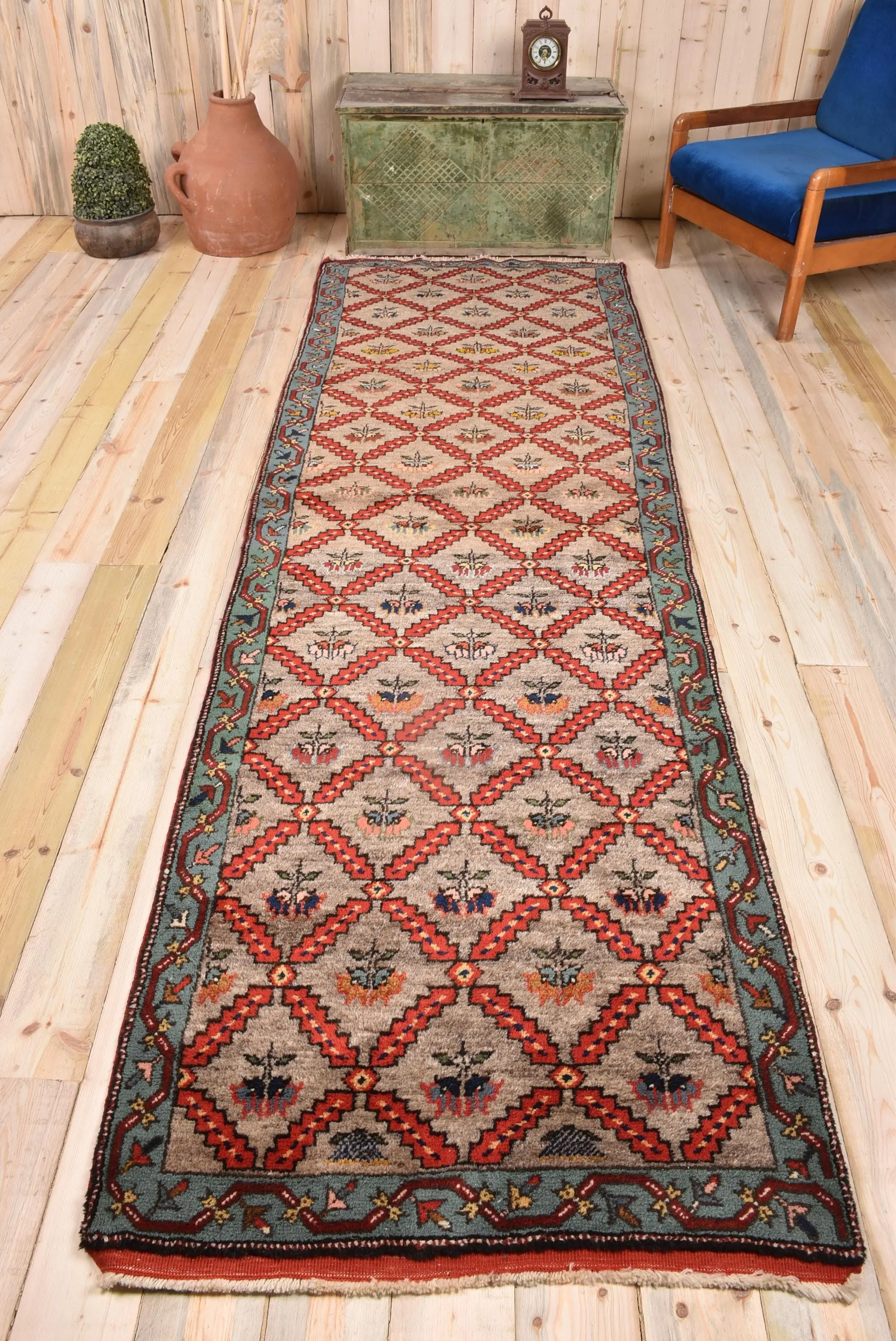 Türkischer Vintage-Teppich, 3,2 x 10,4 Fuß großer Läuferteppich, rot-blauer orientalischer Wollteppich - 1