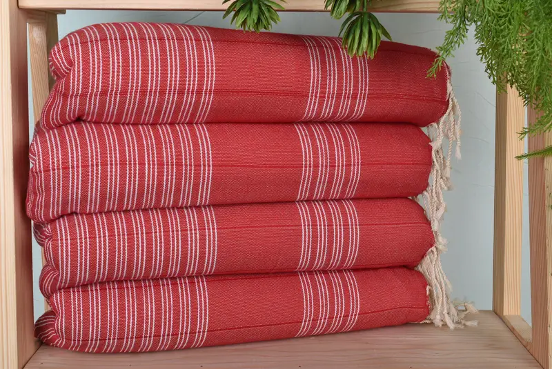 Striped Towel Red Cotton Organic, Handmade, 40x71 Inches