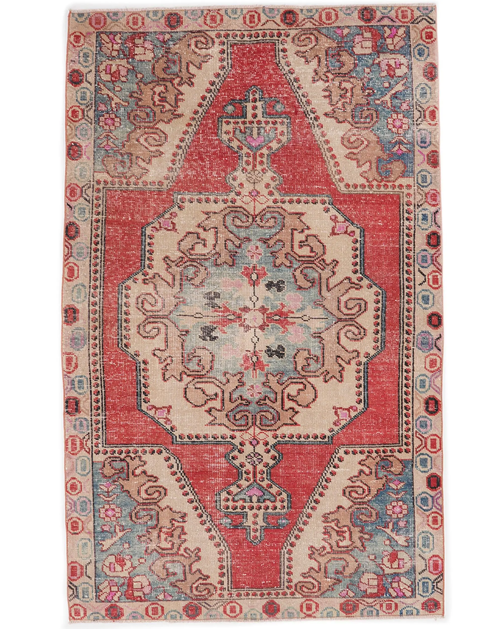 Vintage-Teppich 4,3 x 6,9 Fuß, türkischer Wollteppich mit rotem Blumenmuster - 1