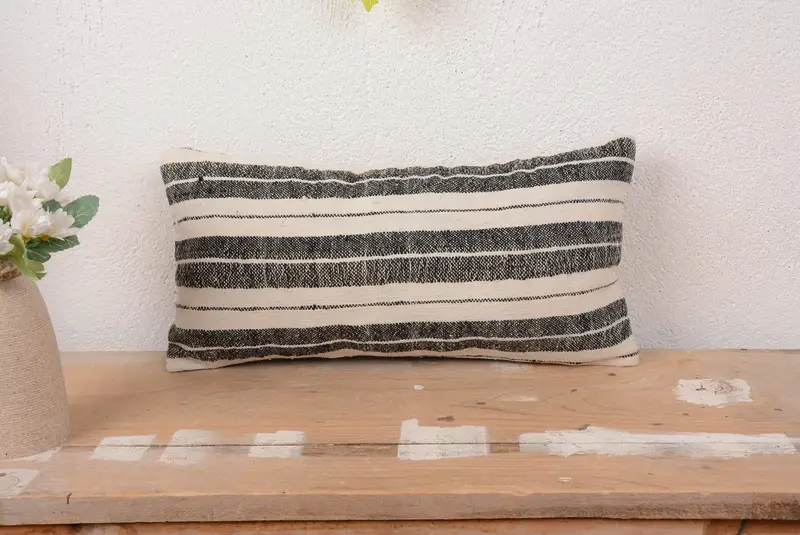 Embroidered Beige & Black Striped Pillow, Vintage Rectangle Throw Pillow