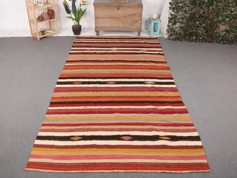 Vibrant Rainbow Rug, 5,9x11 ft Checkered Design