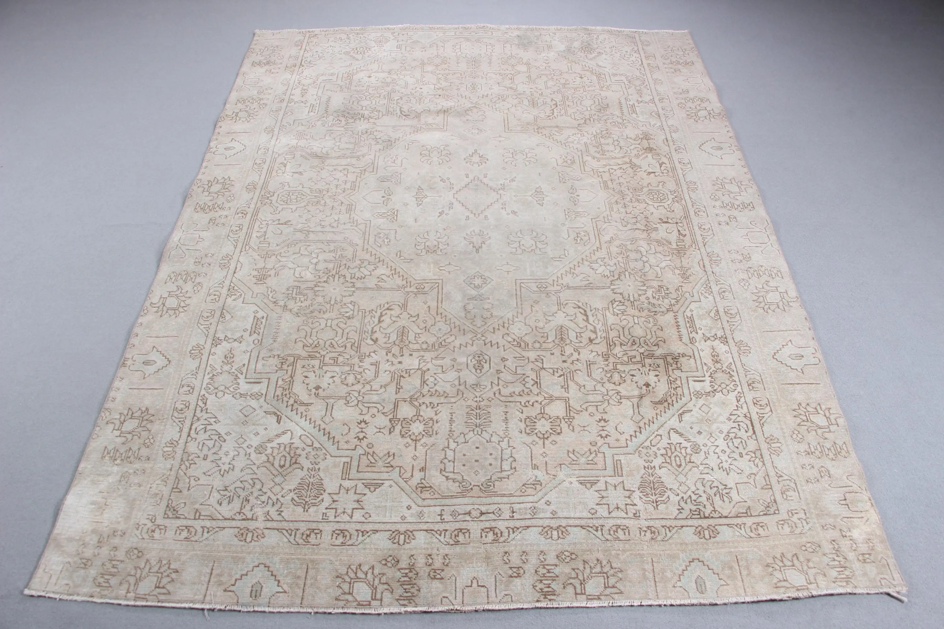 6.8x9.5 ft Vintage Halı, Büyük Türk Halısı, Beyaz Kahverengi Güneybatı Halısı - 1
