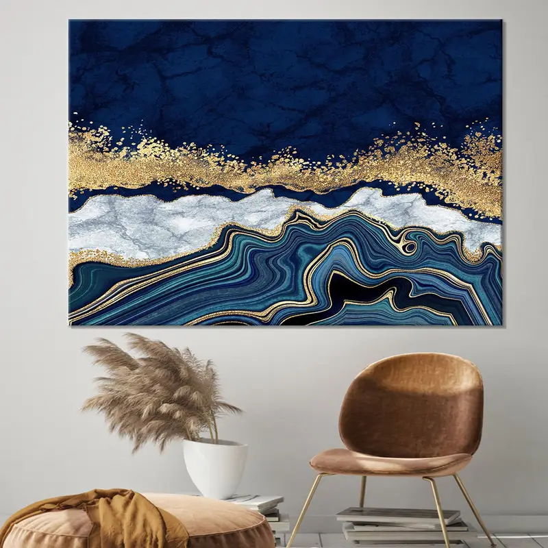 Blue Gold Marble Canvas, Navy Blue Abstract,  Luxury Wall Art, Abstract Wall Decor, Modern Artwork, Oversize Canvas Art, Contemporary Art - 1