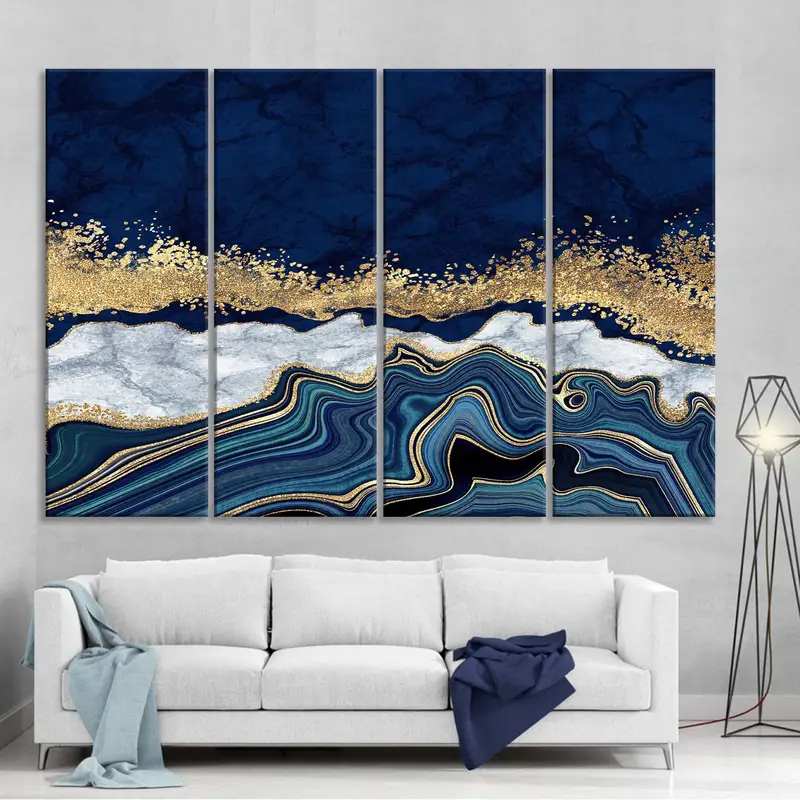 Blue Gold Marble Canvas, Navy Blue Abstract,  Luxury Wall Art, Abstract Wall Decor, Modern Artwork, Oversize Canvas Art, Contemporary Art - 8