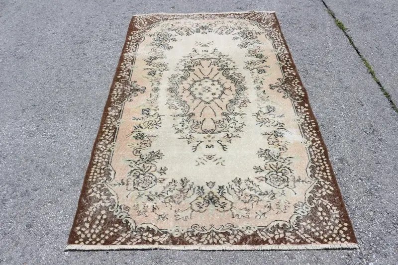 4x6.7 ft Halı, Türk Vintage Alan Halısı, Kahverengi Oushak Yün Halı - 1