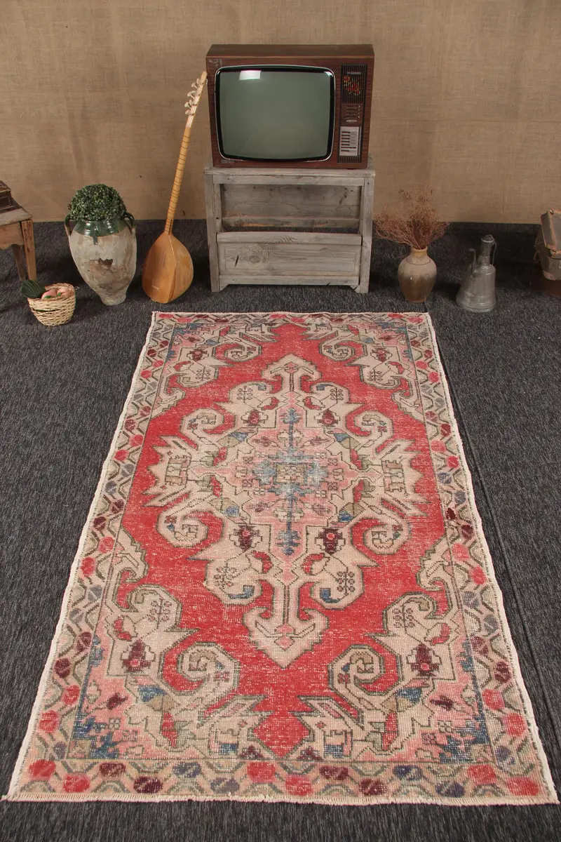Vintage Türk Alan Halısı 4.3x7.3 ft, Kırmızı Mavi Patchwork Halı - 1