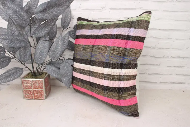 Turkish Kilim Pillow, Accent Cushion Cover, Pillow Case, Ethnical Kilim Rug Pillow, 18x18 Pink Pillow Sham, Vintage Pillow, Luxury Pillow Cover - 4
