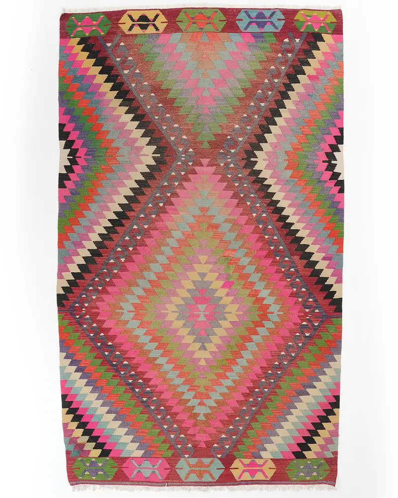 Zarif Pembe Halı, 5,4x9,2 ft Düz Yeşil Vurgulu