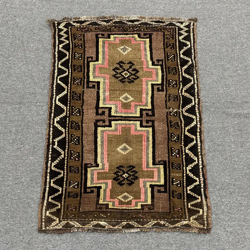 Türk 1.8x2.7 ft Halı, Küçük Vintage Halı, Kahverengi Siyah Çizgili Yün Halı - 1