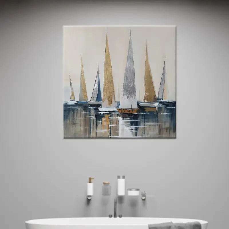 Altın Soyut Deniz Tekne Kanvas: Zarif Baskılı Duvar Sanatı
