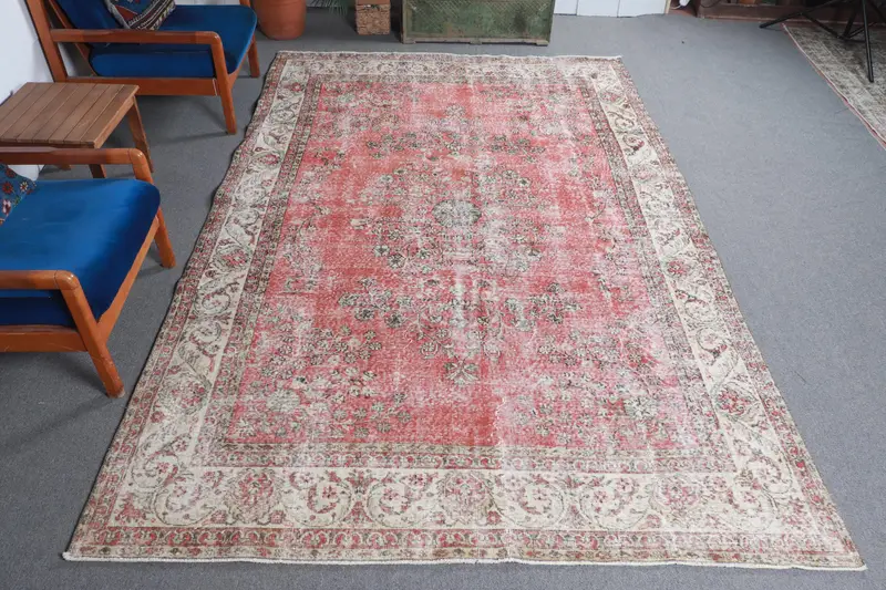 Kırmızı, Bej Bordürlü Halı, 6,8x10,4 ft Şık Dekor