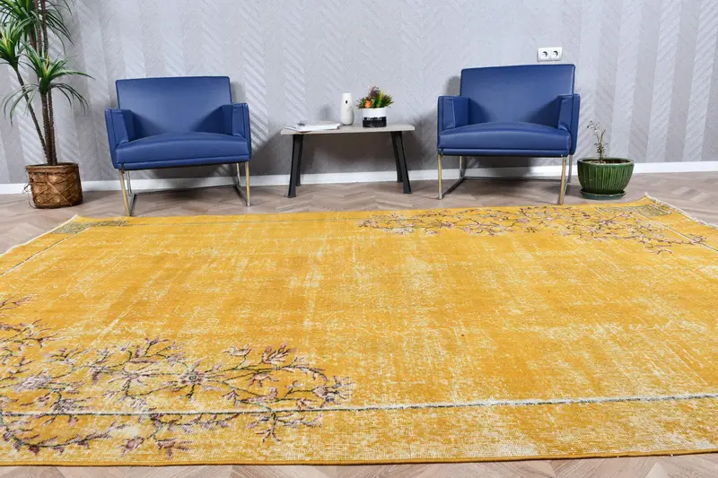 Vintage Oushak Großer Teppich 6,8x10,1 ft (206x309 cm), türkischer gelber orientalischer Wollteppich - 1