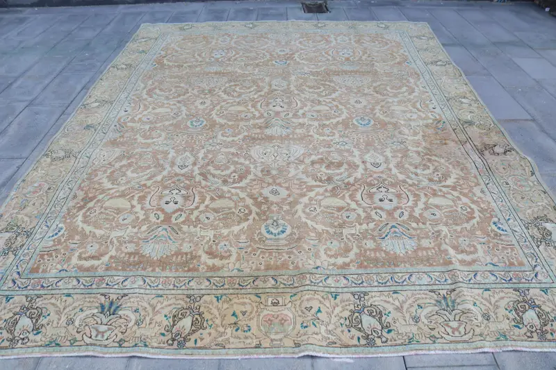 Turkish Vintage Oversize Rug 6.8x12 ft, Brown Blue Floral Rug - 1