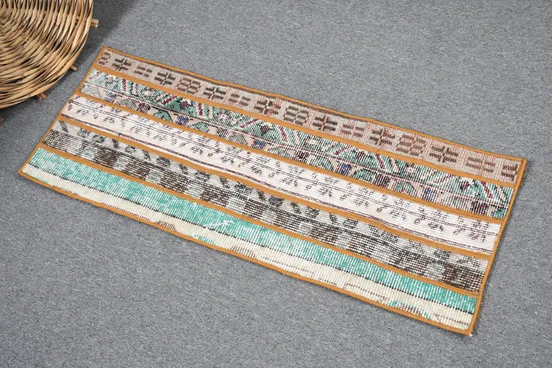 1.1x3.1 ft Halı, Vintage Oushak Halı, Türk Kahverengi Yün Çiçekli Halı - 1