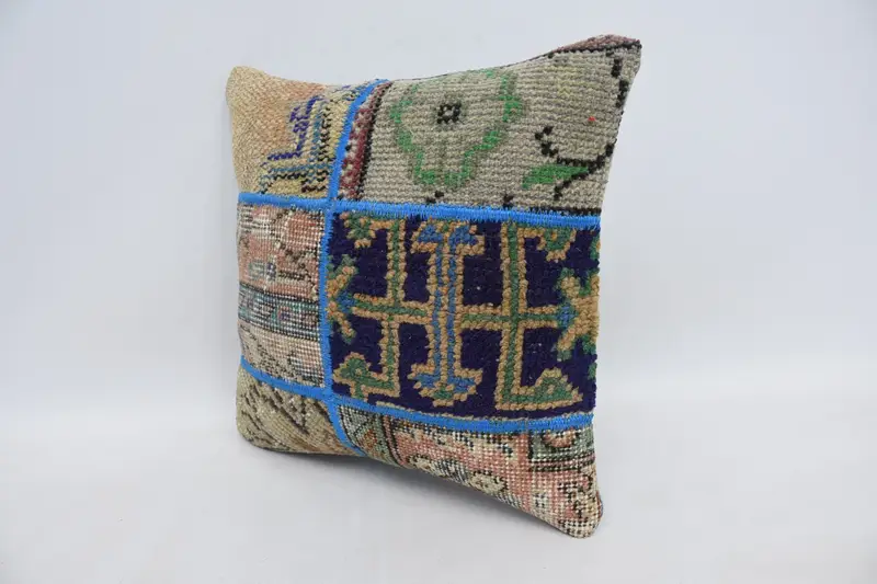 Kilim Pillow, Turkish Kilim Pillow, Square Throw Pillow Cover, 16x16 Blue Pillow Cover, Crochet Pattern Pillow Cover, Cushion Cover, Boho Pillow - 4