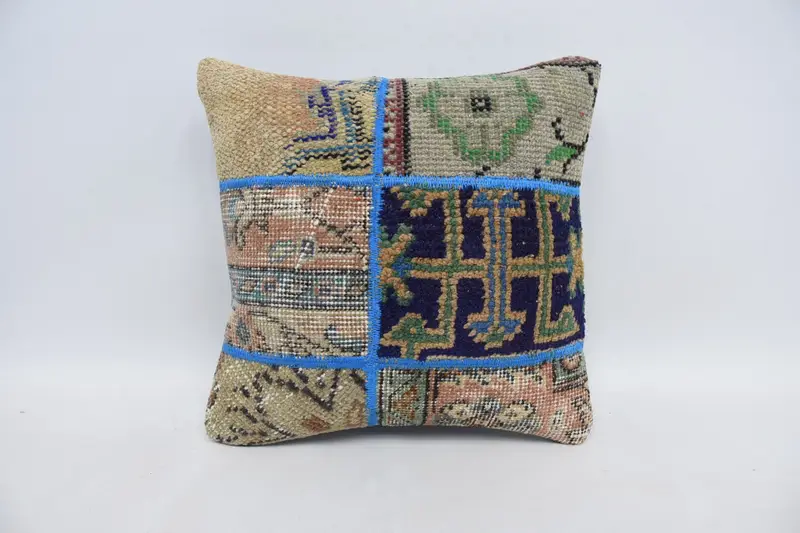 Kilim Pillow, Turkish Kilim Pillow, Square Throw Pillow Cover, 16x16 Blue Pillow Cover, Crochet Pattern Pillow Cover, Cushion Cover, Boho Pillow - 1