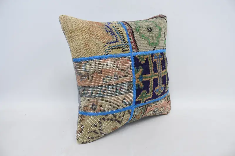 Kilim Pillow, Turkish Kilim Pillow, Square Throw Pillow Cover, 16x16 Blue Pillow Cover, Crochet Pattern Pillow Cover, Cushion Cover, Boho Pillow - 3
