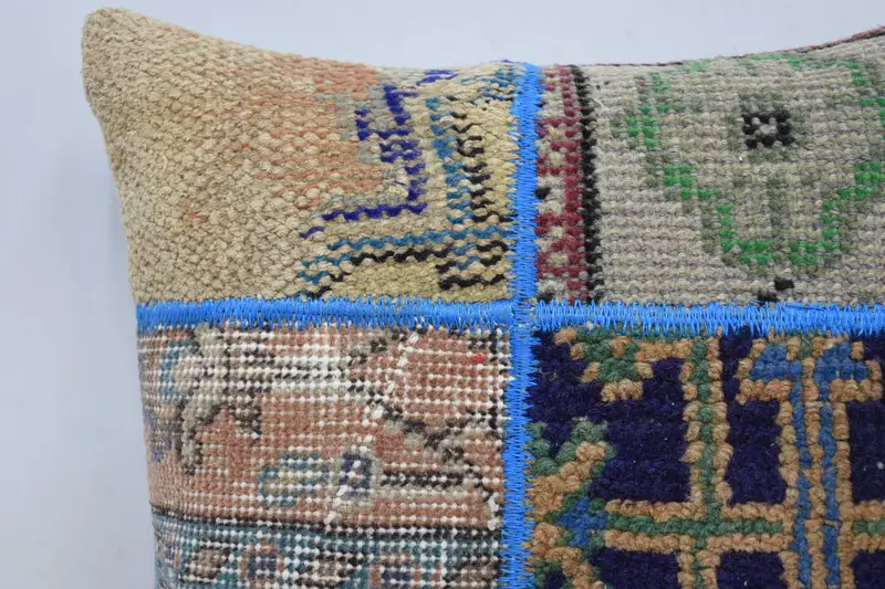 Kilim Pillow, Turkish Kilim Pillow, Square Throw Pillow Cover, 16x16 Blue Pillow Cover, Crochet Pattern Pillow Cover, Cushion Cover, Boho Pillow - 2
