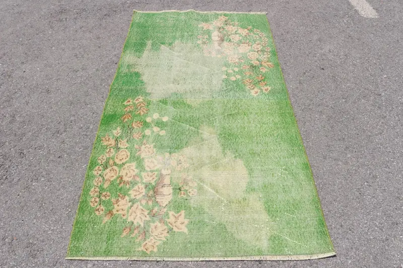 Turkish Vintage Oushak Rug 3.5x6.6 ft (108x200 cm), Green Ombré Wool Rug - 1