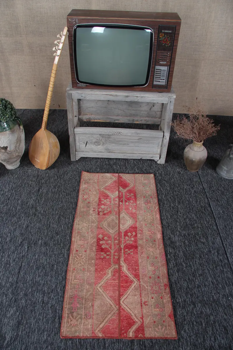 Türk Vintage Halısı, 1.9x4.1 ft Küçük Halı, Kırmızı Kahverengi Halı - 1