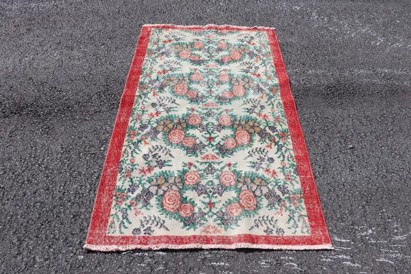 3.6x6.2 ft Halı, Eski Türk Halısı, Kırmızı Yeşil Oryantal Yün Halı - 1