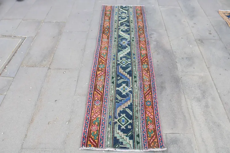 Oushak Rug, 1.9x6.5 ft Vintage Rug, Blue Polka dot Rug Wool - 1