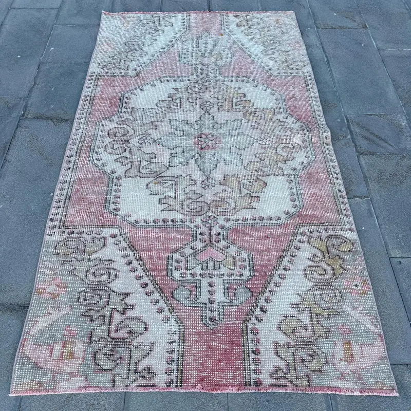 Turkish Rug, Area 3.7x6.8 ft Vintage Rug, Red White Ombré Wool Rug - 1