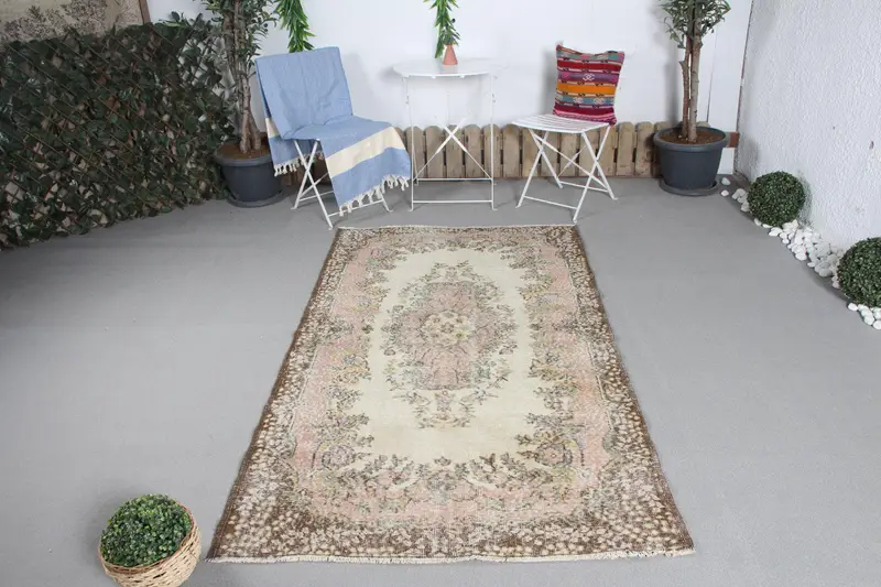 Türk Vintage Halı 3.8x6.9 ft, Oushak Kahverengi Kamuflaj Yün Halı - 1