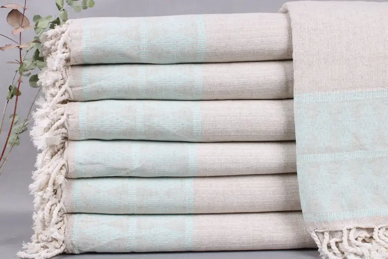 Turkish Blanket Mint Kilim Design Linen Bedspread, 87x99 Inches