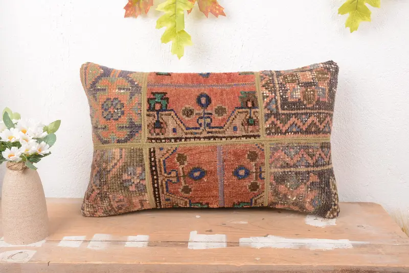 Orange & Bronze Patchwork Throw Pillow, Handmade Embroidered Pillow