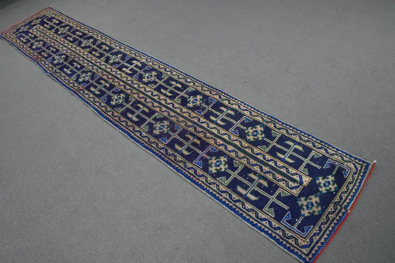 1.9x10.5 ft Turkish Rug, Vintage Runner Rug, Blue Green Solid Wool Rug - 1