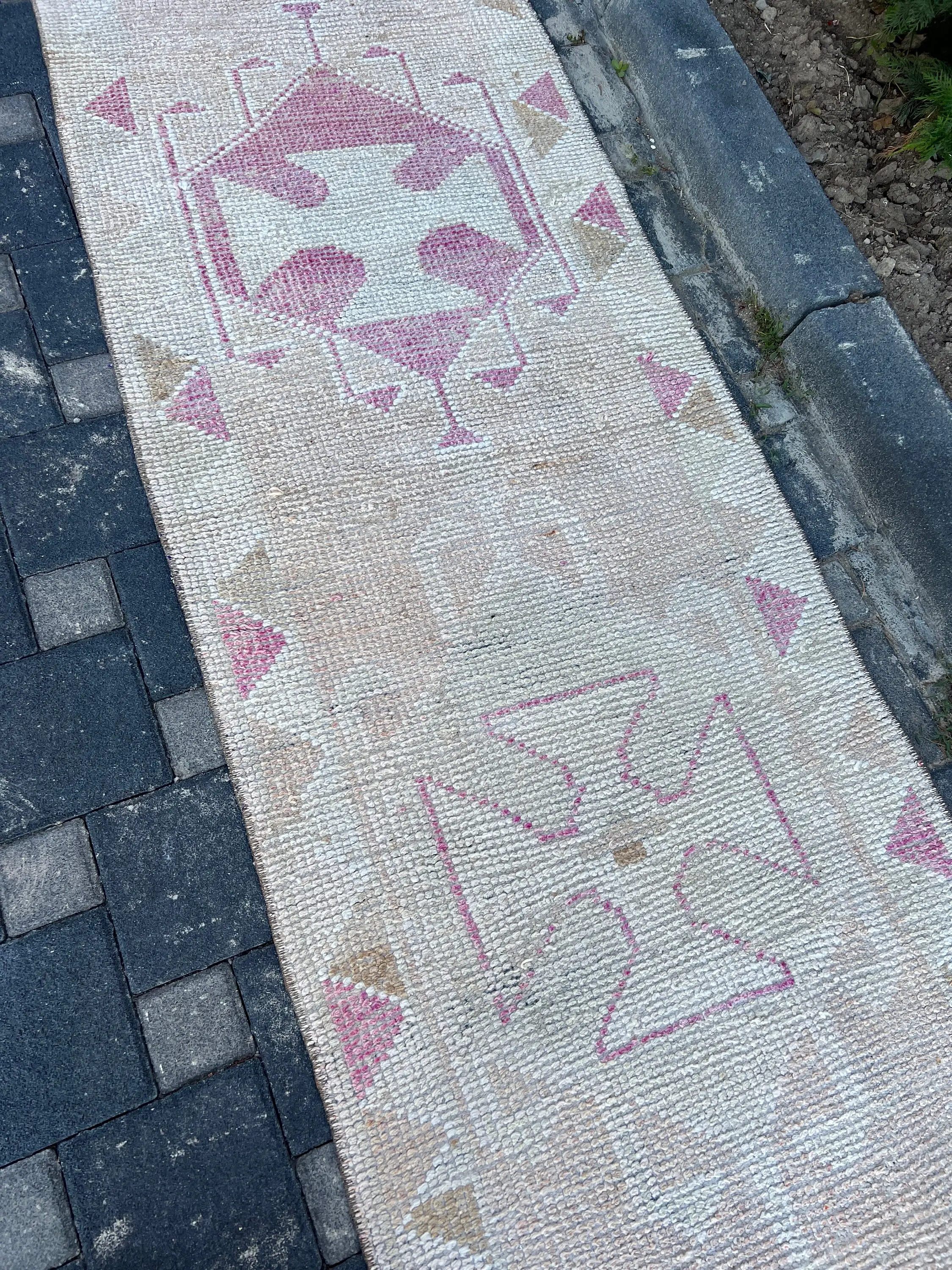 2.7x11.7 ft Vintage Rug, Turkish Runner Rug, White Pink Oriental Wool Rug - 1