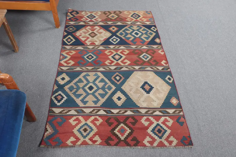 Blue Southwestern Rug, 3,3x5,3 ft with Red Accents
