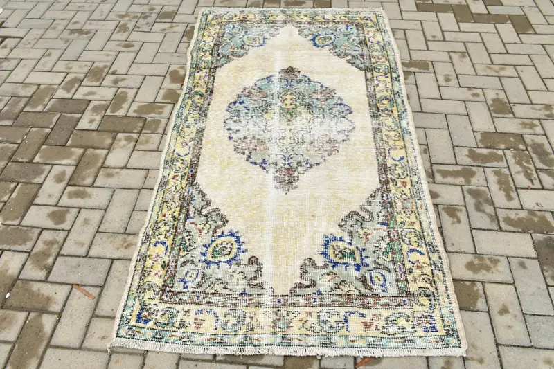 Vintage Akzentteppich, 3,4x6,4 ft türkischer Teppich, blauer Oushak-Wollteppich - 1
