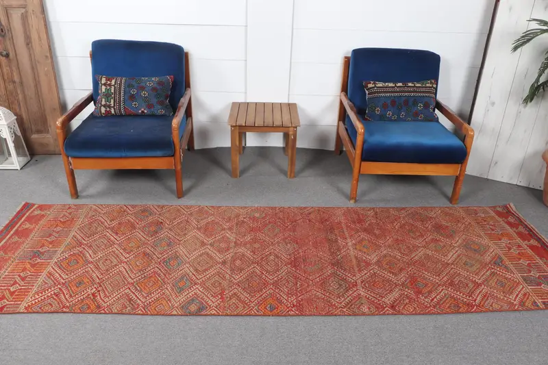 Kırmızı ve Yeşil Halı, 2,9x9,8 ft Çiçek ve Geometrik Desenli