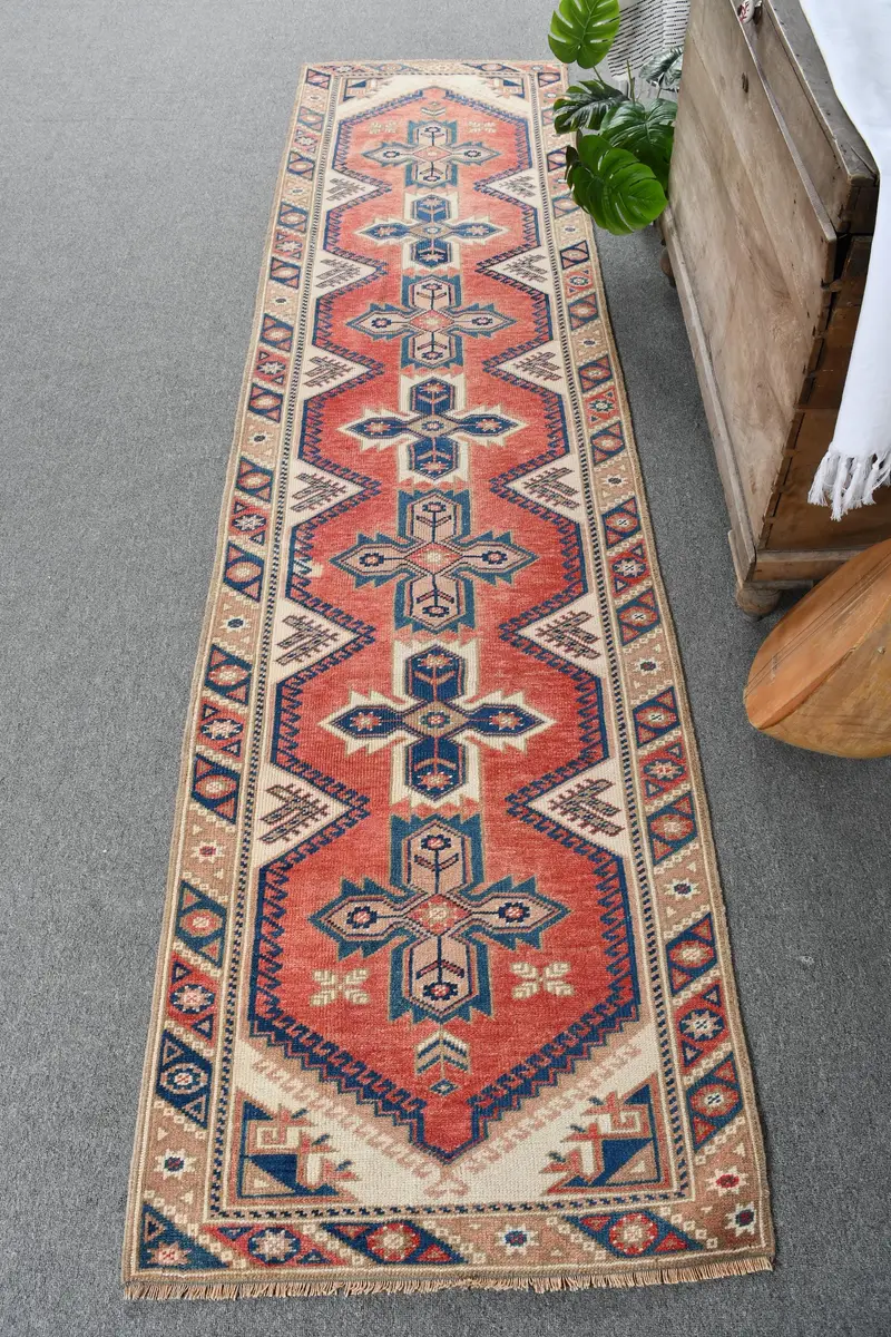 Handmade Red & Blue Rug, 2x0.8 ft Geometric Floral