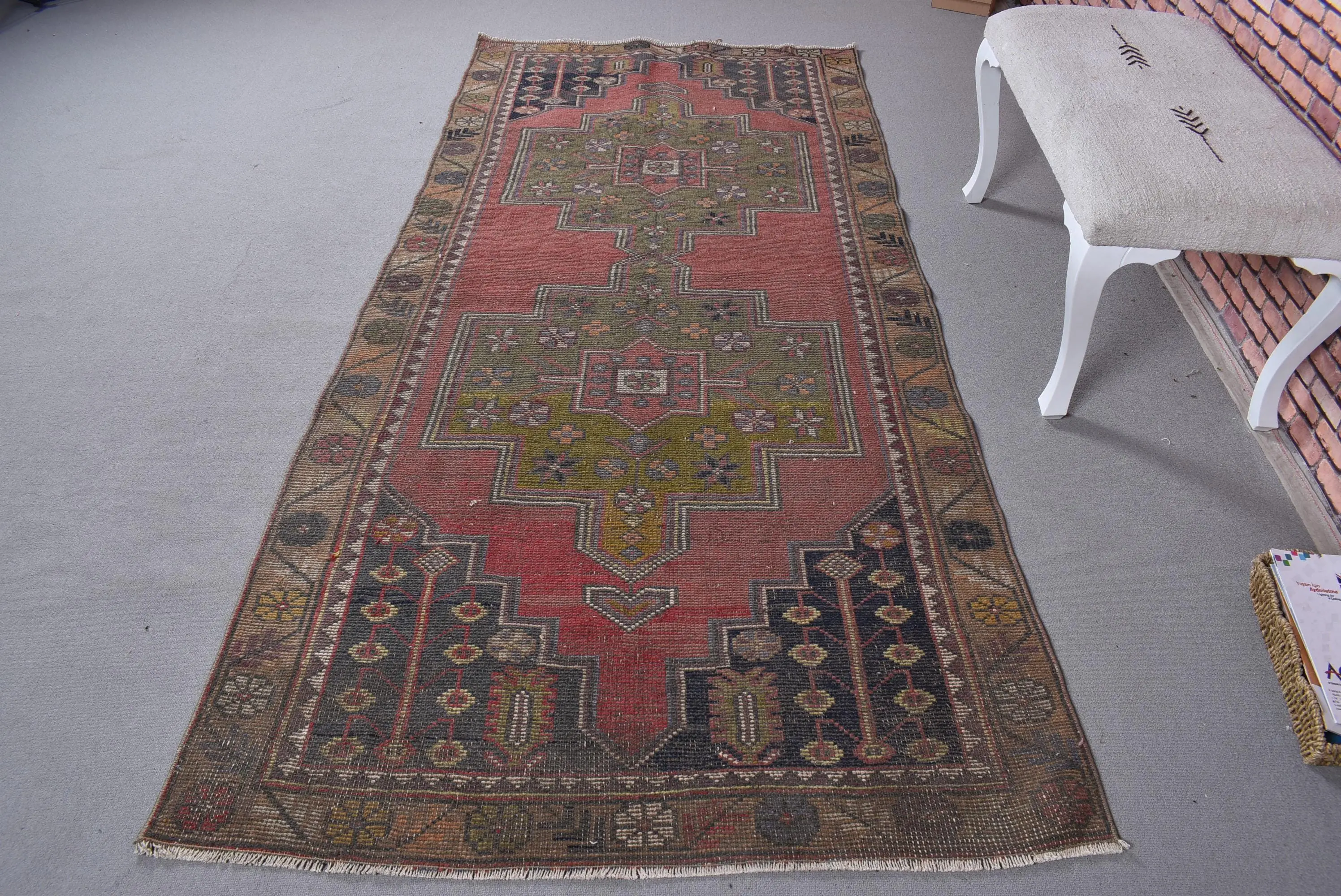Vintage Turkish Area Rug 4.2x8.7 ft, Red Green Camouflage Rug - 1