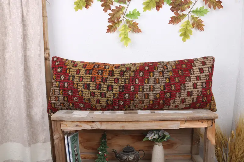 Pillow for Couch, Turkish Pillow, 12x36 Red Pillow, Lounge Throw Pillow Case, Pillow, Ethnical Kilim Rug Pillow, Vintage Pillow Cover - 1
