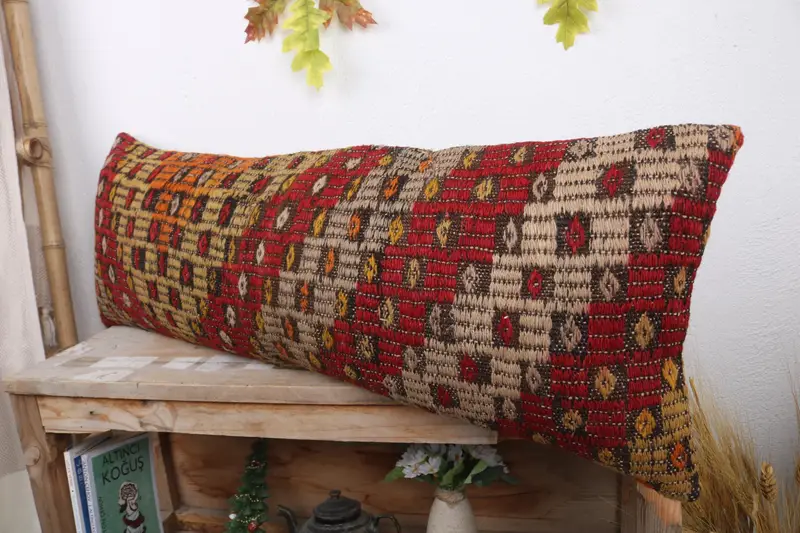 Pillow for Couch, Turkish Pillow, 12x36 Red Pillow, Lounge Throw Pillow Case, Pillow, Ethnical Kilim Rug Pillow, Vintage Pillow Cover - 4